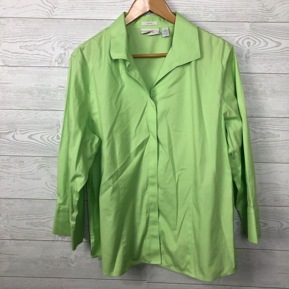 Chico's Women's Size 3/XL No Iron Button Front Top Long Sleeve 100% Cotton Green